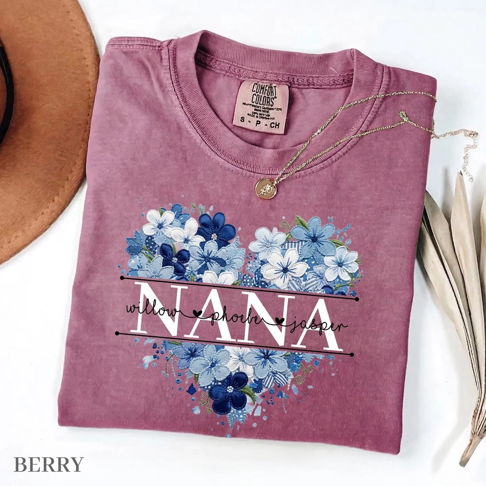 Personalized-Nana-Faux-Patchwork-Shirt-Blue-Floral-Grandma-Personalized-Nana-Faux-Patchwork-Shirt-Blue-Floral-Grandma-Tee-7 Personalized Nana Faux Patchwork Shirt - Blue Floral Grandma Tee 6