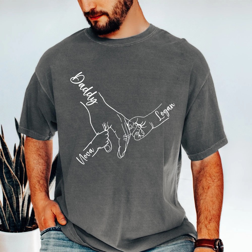 Comfort Colors® Custom Dad Hand With Kid Names Tee, Holding Dad Fingers Shirt, Custom Kids Name Shirt, Fathers Day Gift, Gift For Papa 4 Comfort Colors® Custom Dad Hand With Kid Names Tee, Holding Dad Fingers Shirt, Custom Kids Name Shirt, Fathers Day Gift, Gift For Papa